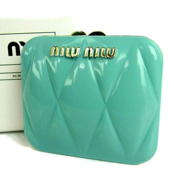 NEW! Luxe MIU MIU Teal Tiffany blue Cute Compact Mirror with Pouch - Sealed Box! - Picture 7 of 10